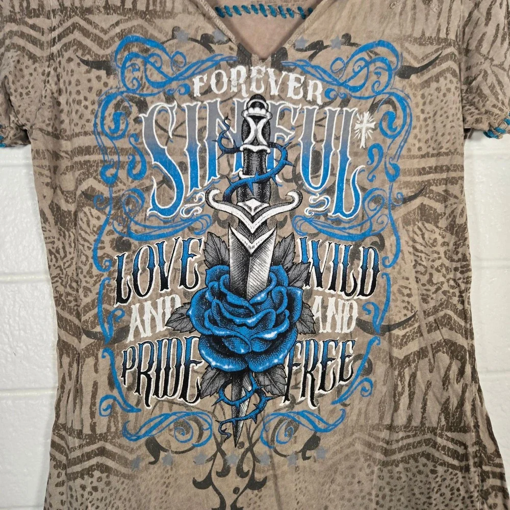 Sinful Affliction Y2K Style Dagger Rose‎ Embroidered Large T Shirt Grunge Biker - Picture 3 of 6
